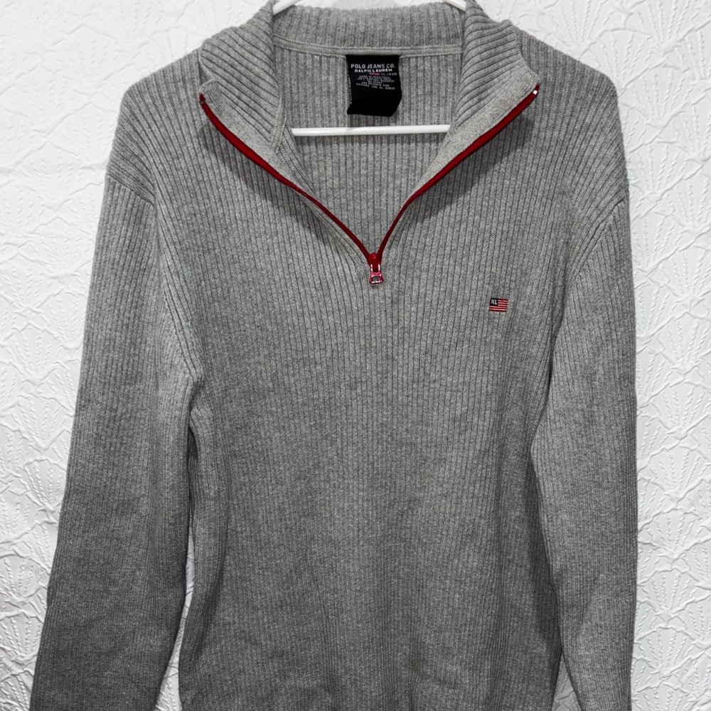 Vintage Polo Jeans Co Ralph Lauren Gray Quarter Zip Sweater XL Ribbed Cotton RL